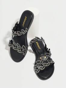 planare Women's Fashion Elegant Black Rhinestone Flat Slip-On Sandals, Suitable For Casual, Party, Date, Daily Commute Matching, Stable And Comfortable Fit, Stylish And Graceful Ladies Flat Slides - Black - View 7