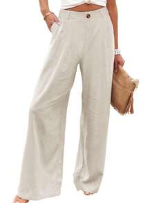 Women's Cotton Linen Trousers Casual Button Up High Waist Wide Leg Trousers - Màu be - Xem 1