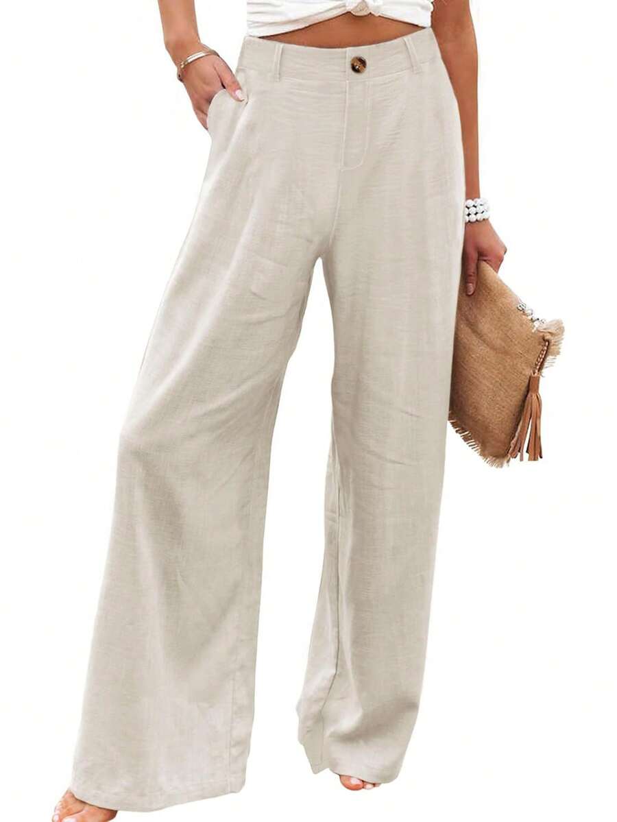 Women's Cotton Linen Trousers Casual Button Up High Waist Wide Leg Trousers - Màu be - Xem 1