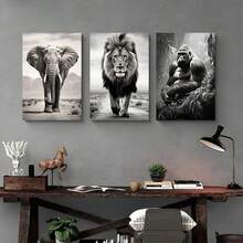 1 件/3 件黑白狮子大象大猩猩帆布画墙壁艺术海报和印刷品动物图片用于客厅装饰无框动物画框现代，带画框的墙壁艺术 - 彩色 - 查看 3