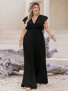 Rusttydustty Combinaison ample en vacances de style bohème pour femmes grande taille, col V profond noir, manches courtes - Noir - Voir 3