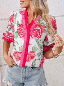 Acelitt Casual Ruffle V-Neck Short Sleeve Printed Pullover Top, Summer - Multicolor - View 3