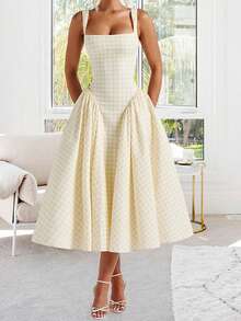 Women Summer Gingham Long Dress Corset Square Neck Lace Up Casual Sundress Backless A Line Midi Dresses - 黃色 - 查看 3