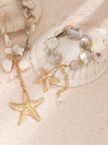 Bohemian Style Vintage Ocean Element Luxury Beaded Necklace And Bracelet Set, Metal Starfish Pendant Faux Pearl Collarbone Necklace For Women, Daily Wear And Beach Vacation Decoration, Gift Jewelry Set. Shell Shape Pattern Color Random.
