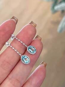 2pcs S925 Sterling Silver Original Fashionable Elegant Zirconia Aquamarine Oval Shape Tassel Pendant Earrings, Suitable For Women's Daily Wear, Festival Parties, Gifts
