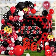 102pcs Cute Ladybug Happy Birthday Balloon Party Decoration Set - Black, Red & White Polka Dot Balloons With Ladybug Balloons, Suitable For Birthday Party, Spring Room And Garden Celebration Decoration