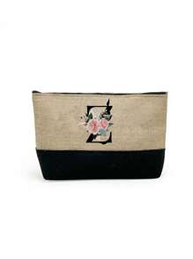 1 set, Bolso de mano tipo tote con estampado de flores con inicial A y correas para el hombro & Set de bolsas de maquillaje con iniciales de la A a la Z, bolso de regalo personalizado con bolsillos laterales, bolso de playa con pañuelo, bolsos de almacenamiento portátiles y de ocio, bolsas de compras multifuncionales, bolsa de almacenamiento simple para viajes
