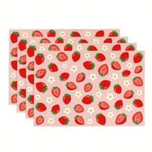 1/4/6 30x45cm Summer Strawberry Printed Linen Placemats, Durable Polyester Kitchen Placemats Suitable For Indoor/Outdoor Parties, Strawberry Themed Decoration, Machine Washable, Suitable For Table Decoration And Restaurant Decoration, Strawberry Themed Tableware, Can Be Used As Gifts.