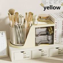 Organisateur de bureau rotatif avec 2 tiroirs, porte-crayon et porte-stylo pour bureau, organisateurs de bureau et accessoires avec 4 compartiments + tiroir pour fournitures de bureau et d'art (blanc)