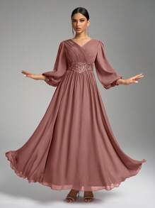 SUPGIR Vestido largo de gasa con cuello en V, cintura plisada, adorno de perlas y mangas farol