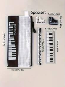 A Set Of 6 Cute Piano-Themed Stationery Items, Featuring Black And White Music Symbols, Includes A Pencil Case, Pencils, A Ruler, And An Eraser. It's Perfect As A Gift For Students During The Back-To-School Season,School Supplies,Back To School - View 2