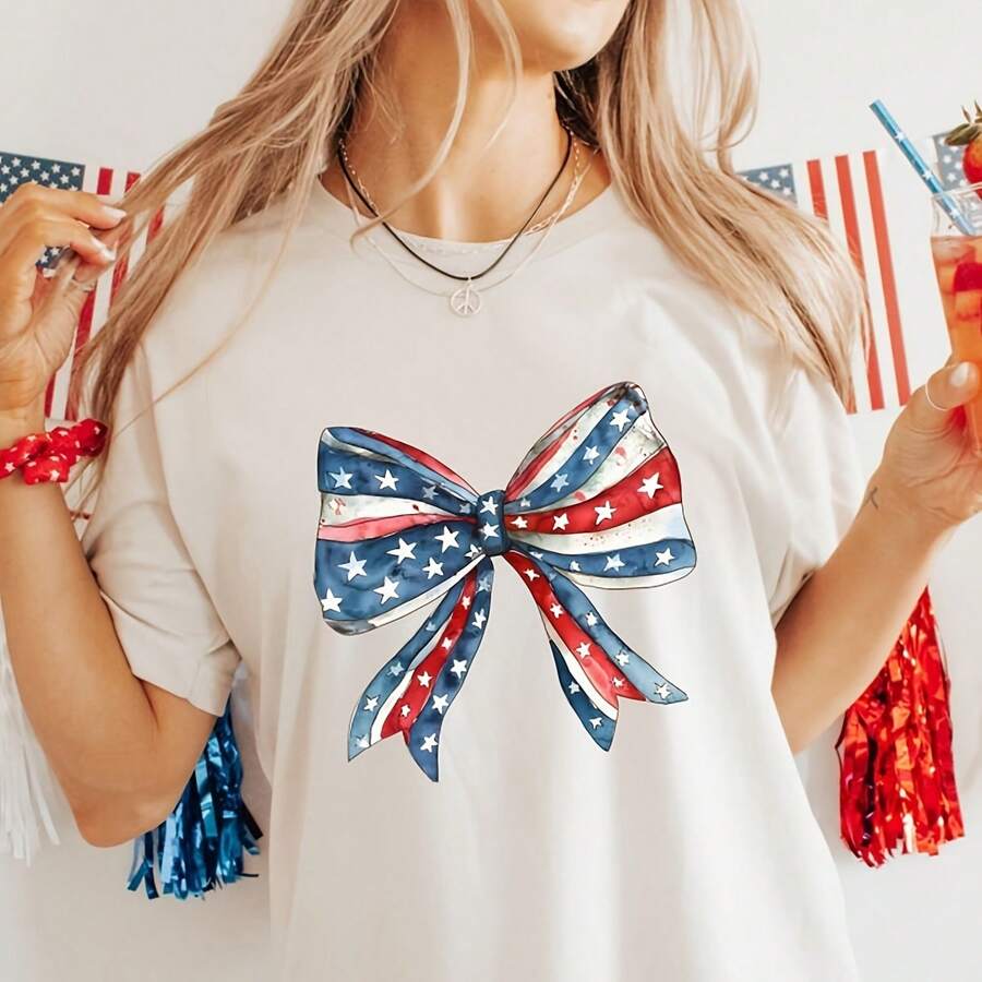 Blusa coqueta del 4 de Julio, blusa estadounidense, blusa de verano, roja, blanca y azul, Estados Unidos, 4 de Julio para mujer, patriótica, blusas con lazo coqueto - Blanco - Ver 1