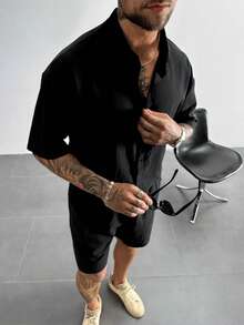 男士宽松落肩短袖衬衫，纯色，宽松版型，立领，透气舒适，适合日常休闲及度假穿着，也适合爸爸的复古黑色衬衫，情侣沙滩度假情侣装。 - 黑色 - 查看 8