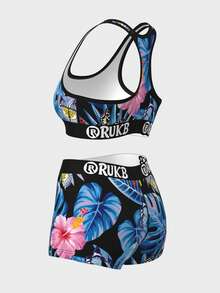 Ladies' Fashionable Cartoon Printed Pattern Swimming, Fitness, Yoga, Boxing, Running And Other Essential Sports Underwear Set, Full Body Flower Printed Plant Butterfly Classic Sexy Sports Underwear For All Seasons - Blue - View 6