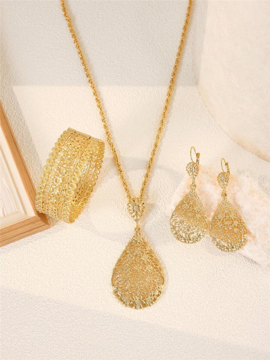 Juego de joyería de lujo para mujer - Collar, aretes, pulsera, conjunto de 3 piezas, joyería de moda de novia marroquí, regalo para fiesta de boda, día de San Valentín, accesorios