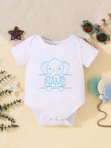 [Customized] Baby Girls Personalized Elephant Print Baby Girls Bodysuit Short Sleeve Bodysuit, Cute Casual Bodysuit - White Round Neck, Comfortable & Breathable - White - View 1
