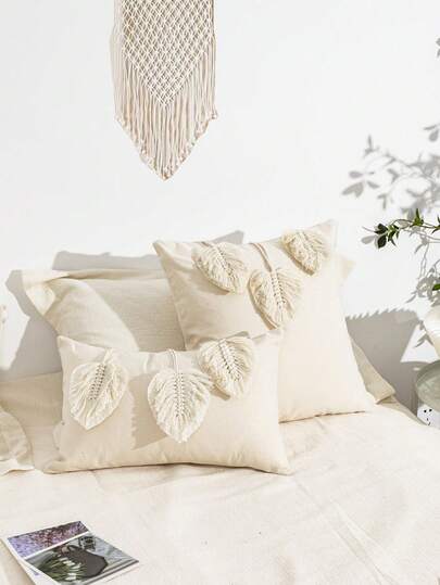 1 件/2 件叶子图案枕套，帆布面料农舍风格手工编织叶子装饰腰枕套，适用于客厅、卧室、沙发、花园、派对、节日、所有季节，12 英寸 X 20 英寸，18 英寸 X 18 英寸（无枕芯）