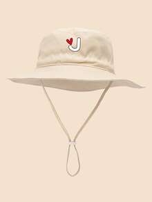 1 pieza Sombrero de sol para niños con patrón de corazón y letra, con cordón ajustable a prueba de viento, estilo casual tipo cubo para uso diario al aire libre, playa, protección solar - Beis - Ver 13
