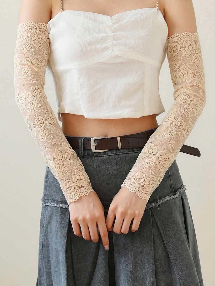 1 双时尚女士长款蕾丝袖套，轻薄透气，夏季防晒，新娘/派对配饰 - 卡其色 - 查看 1