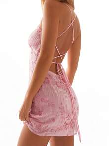 Women Mini Dress Sequins Flower Embroidery Sleeveless Cami Dress Summer Cross Backless Spaghetti Strap Dress - Hồng - Xem 5