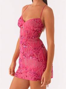 Women Mini Dress Sequins Flower Embroidery Sleeveless Cami Dress Summer Cross Backless Spaghetti Strap Dress - 玫紅色 - 查看 2
