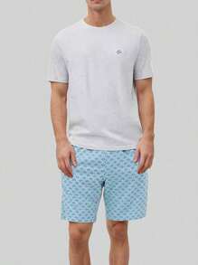 2 Pcs Men's Sleepwear Set, Lightweight Round Neck Short Sleeve Top And Printed Shorts, Casual And Comfy House Outfit, Summer
