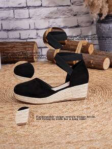 女款極簡踝帶帆布鞋，度假必備黑色絨面踝帶繩底楔形高跟厚底鞋