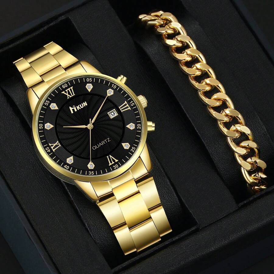 男士黄金奢华手表套装，搭配黄金手链