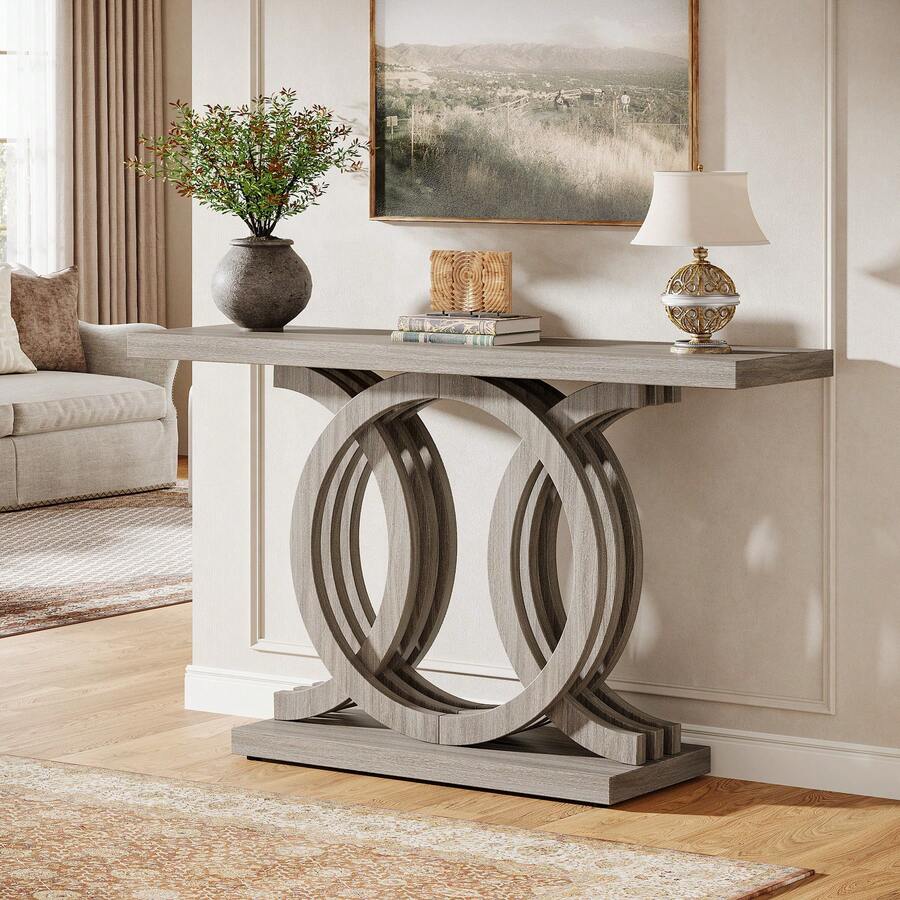 Tribesigns 55-Inch Console Table With Geometric Wood Base, Modern Entryway Table With Thick Tabletop For Living Room, Hallway, Foyer - 灰色 - 查看 1