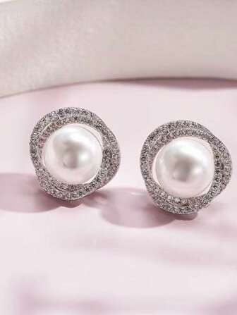 1pc Korean Style Rhinestone Rose Pearl Stud Earrings, Women Minimalist Fashion Elegant S925 Silver Needle Earrings With Full Diamonds
