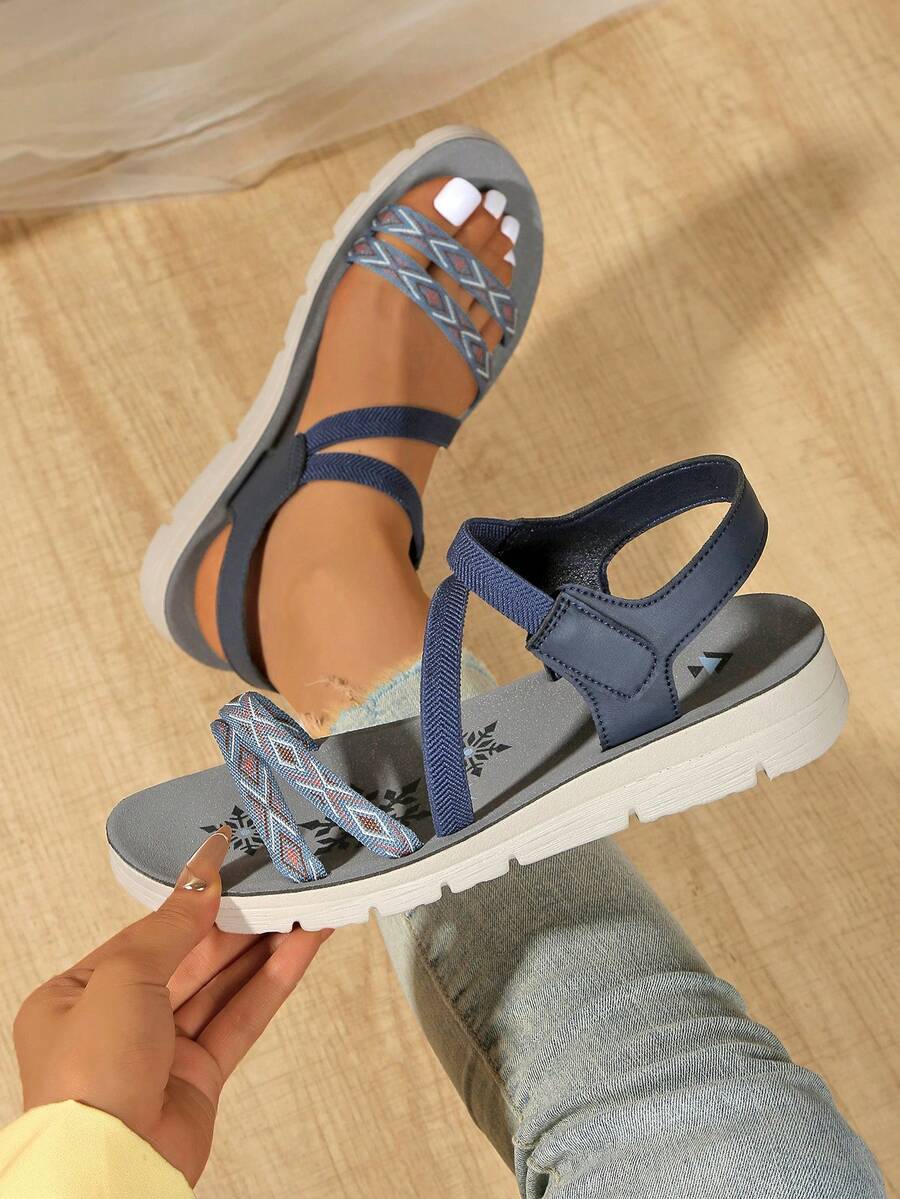 Women's Casual Slip-On Sandals - Thickened Shock-Absorbing Sole & Striped Pattern, Breathable Upper Fabric, Low-Heel Comfortable PU Outsole, Open-Toe Design Durable Multifunctional Summer Fashion Sandals Striped Rhombus Pattern, Sports Vacation Casual Strap Wedge Thick-Bottom Sandals For Beach, Wedding, Party, Office, Home, Gym, Outdoor, Summer