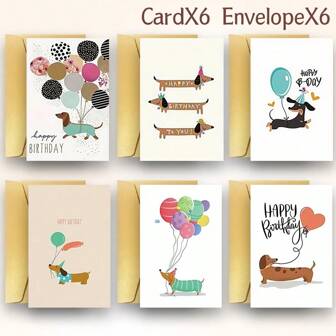 6pcs Cute Dachshund Party Theme Birthday Card Design, Perfect For Birthday Use, To Express Joy And Warm Wishes To Special People