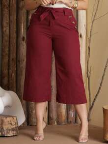 Women's Pantacourt Linen High Waist Trousers With Bow And Pockets - لون كستنائي - مشاهدة 1