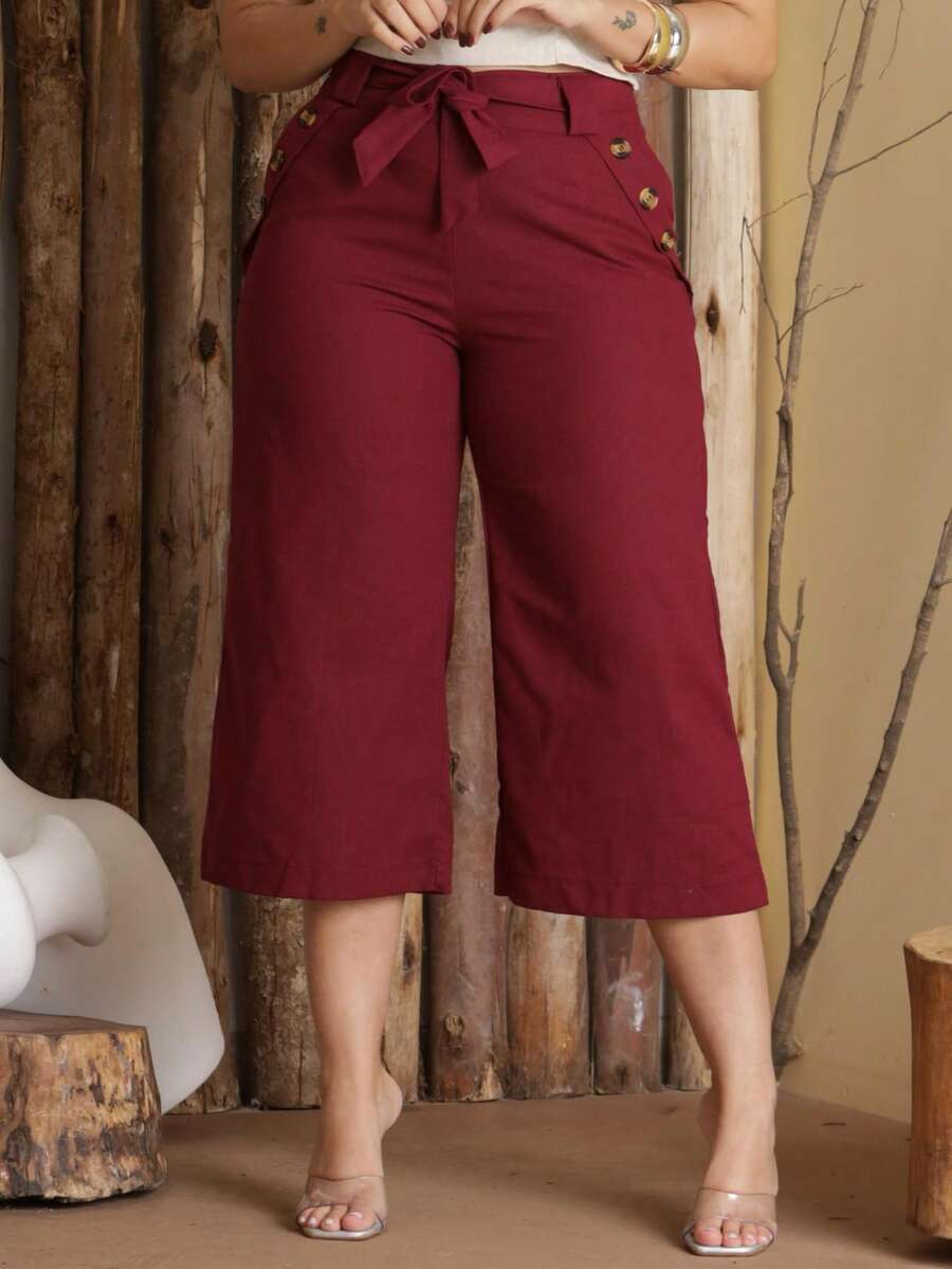 Women's Pantacourt Linen High Waist Trousers With Bow And Pockets - لون كستنائي - مشاهدة 1
