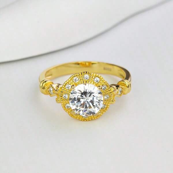 1pc S925 Sterling Silver Ring, Inlaid With 2.0 Carat Round Moissanite Main Stone, Arabic Style Suitable For Elegant, Graceful, Daily Wear, Wedding, Proposal, Party, Confession, Banquet, Birthday, Music Festival, Gift, Anniversary, Mother's Day Etc. Silver Weight 8g