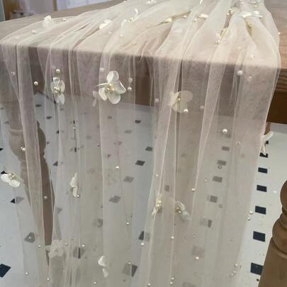 1pc Champagne Pearl Petal Decor Wedding Tablecloth, Suitable For Reception, Bridal Shower, Birthday, Christmas, Thanksgiving, Valentine's Day, Ideal For Bride's Dessert Display, Pearl Tulle Veil