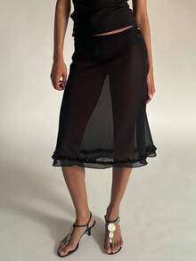 Women Polka Dot Sheer Skirt Mesh See Through Midi Skirts Summer Swimsuit Cover Up See-Through Beach Ruffled Hem Skirt - 黑色 - 查看 1