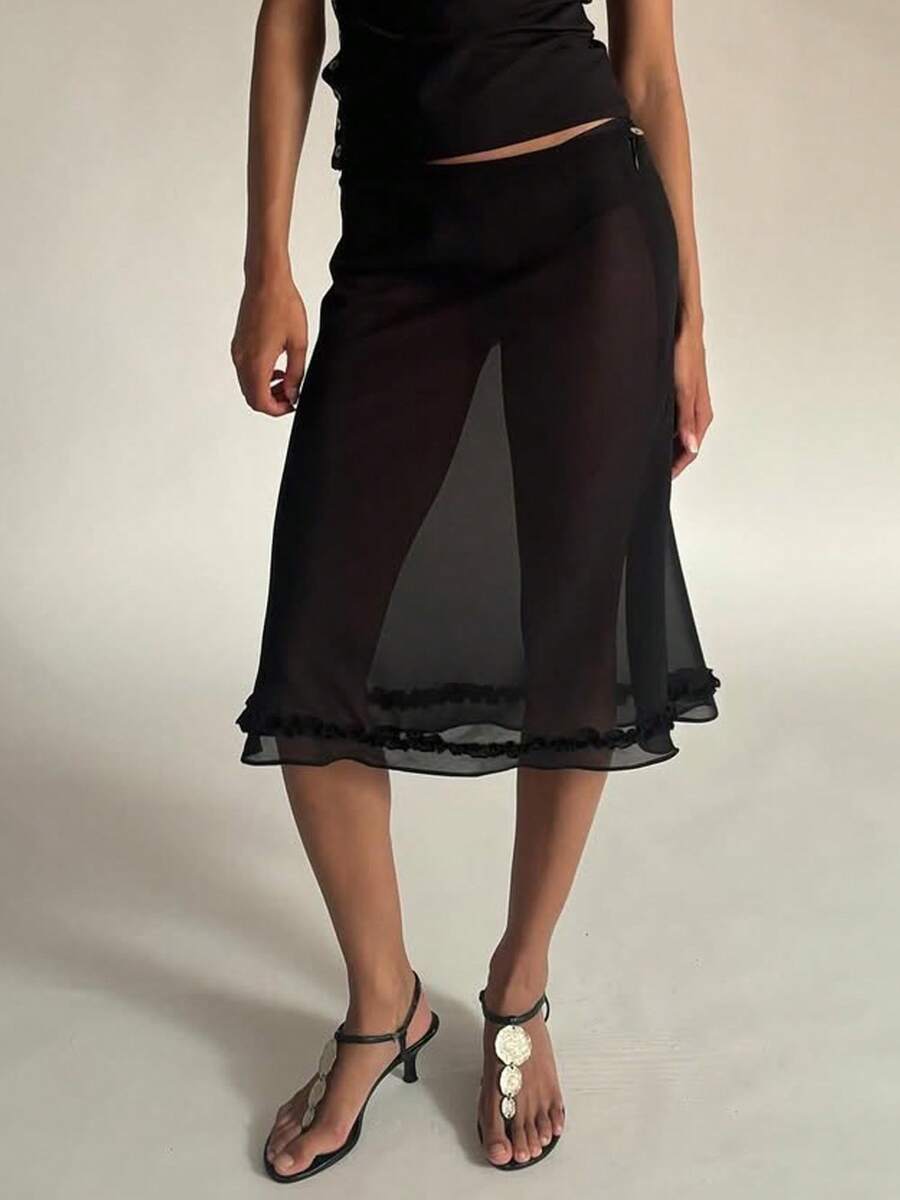 Women Polka Dot Sheer Skirt Mesh See Through Midi Skirts Summer Swimsuit Cover Up See-Through Beach Ruffled Hem Skirt - 黑色 - 查看 1