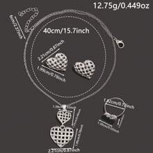 Conjunto de joyería de 3 piezas con colgante, anillo y pendientes con forma de corazón hueco, minimalista y elegante, adecuado para uso diario y vacaciones, excelente regalo de San Valentín para el ser querido