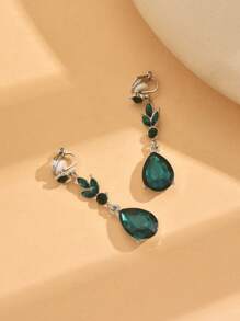 1 Pair Fashionable Long Metallic Crystal Water Drop Clip-On Earrings, Suitable For Women, Daily Wear, Parties, Gatherings