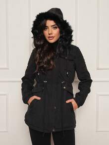 Women's Twill Parka Coat Plush Lined Overcoat Winter Fashion - 黑色 - 查看 4