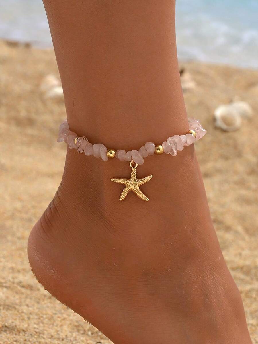 1pc Summer Beach Vacation Style Pink Turquoise Anklet, Fashion Beaded Metal Starfish Pendant Foot Jewelry, Suitable For Women's Daily Outfit, Dining And Beach Travel. The Shape And Size Of The Natural Stone Fragments Are Random And Not Fixed, Please Refer To The Actual Item Received. - Multicolor - View 1