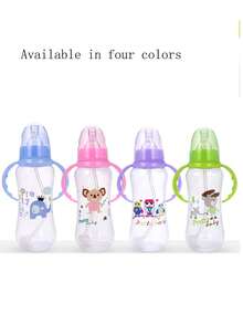 1pc Baby Milk Bottle With Cartoon Silicon Nipple, Shockproof Anti-Choke With Handle, Rotatable, 280ml, Pink Color With Straw And Gravity Ball - Multicolor - View 2