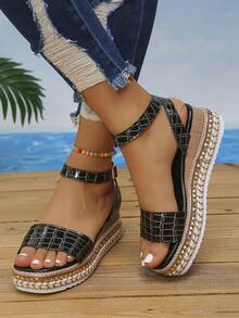 Women's Crocodile Embossed Rivet Decor Ankle Strap Strap Buckle Sandals, Elegant Vacation Style Platform Wedge Heels, Black & Gold Color, Random Pattern - Black and Gold Crocodile Pattern - View 5