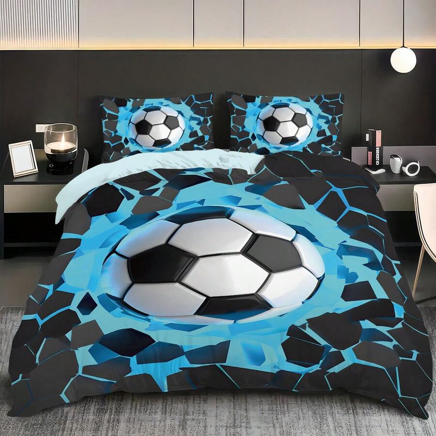 3pcs Set Fashion Queen & Oversized Space Shards Ice Fire Blue Soccer Bedding Set, Cool Space Art Print Duvet Cover & Pillow Sham Set, Soft Smooth Zipper Design, Suitable For Guest Room, Bedroom, Single/Double Bed (Includes 1*Duvet Cover, 2*Pillow Shams, No Comforter/Pillows Included)