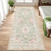 可机洗区域地毯，防滑客厅厨房卧室入口地毯，复古波西米亚风花卉图案，短绒，柔软，粉色和浅绿色