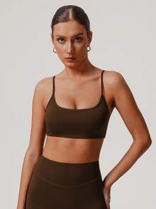 Sodalemon Women Fitness Backless Straight Strap Yoga Training Sport Bra - Coffee Brown - View 5