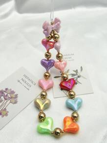 1pc Colorful Heart Beaded Bow Decor Lanyard Phone Case, Suitable For Daily Outfit, Beach Party Wear (Random Heart Color)