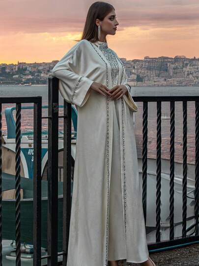 BEAUTY AMINAH 5112pcs White Abaya Set: Embellished High Neck Halter Maxi Dress + Solid Color Outer Layer, Elegant Two Pieces Formal Wear