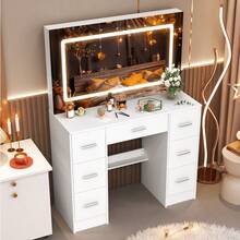 Vanity With Mirror And LED Lights, 39.4" W Makeup Vanity With 7 Drawers And Super Large Mirror, Vanity With 3 Color Modes And Adjustable Brightness, Modern Dressing Table